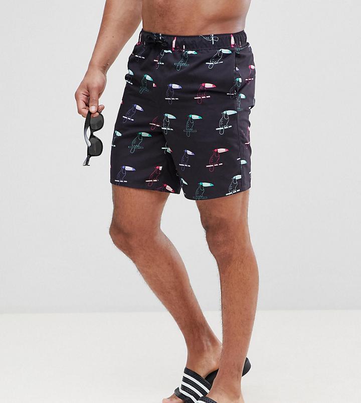 Asos Tall Swim Shorts In Black Toucan Print In Mid Length - Black