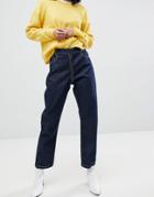 Asos High Waist Authentic Straight Leg Jeans With Back Zip Through Rise Detail In Raw Indigo - Blue
