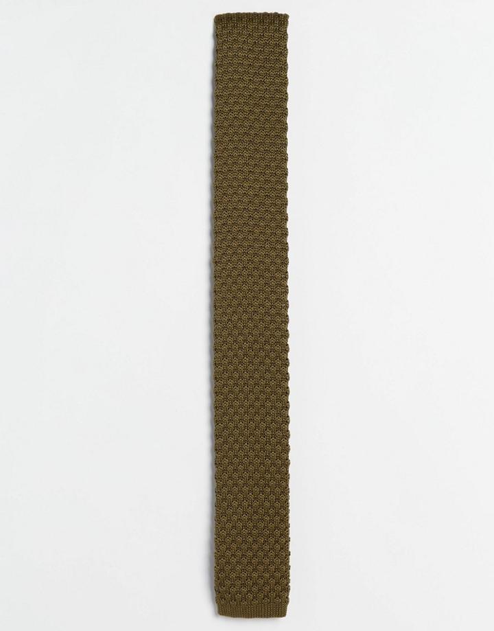 Asos Knitted Tie In Khaki - Khaki