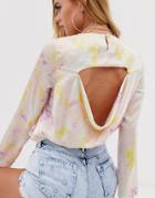 Asos Design Long Sleeve Satin Top With Cowl Back In Marble Print - Multi