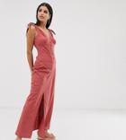Asos Design Tall Bias Cut Button Front Maxi Dress With Wooden Rings - Red