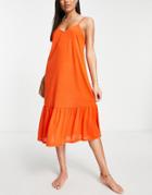 Vero Moda Tiered Midi Beach Dress In Burnt Orange-white