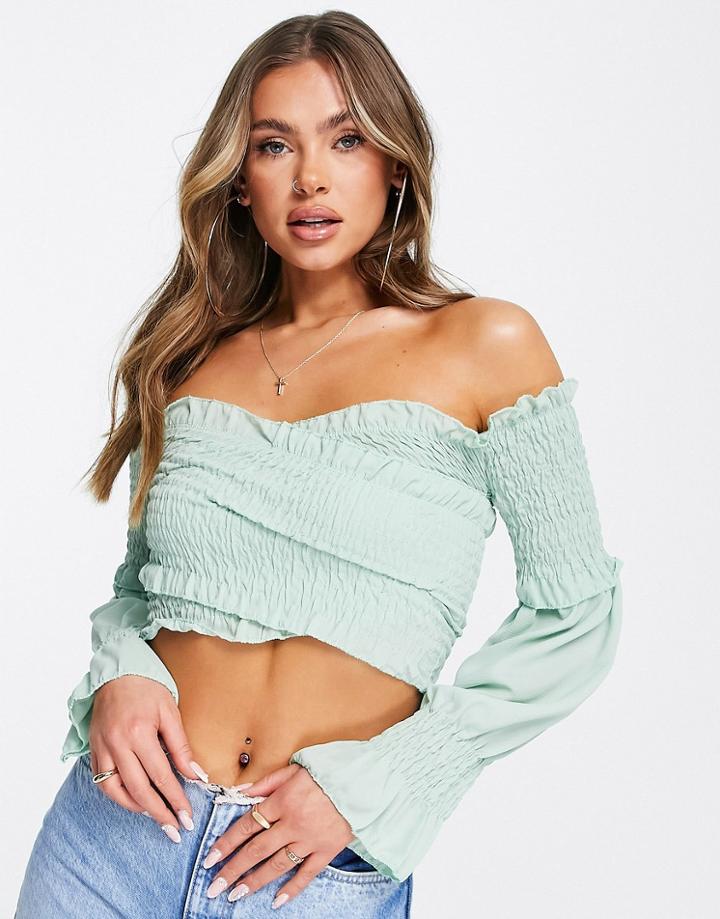 Rebellious Fashion Shirred Wrap Over Bardot Crop Top In Sage-green