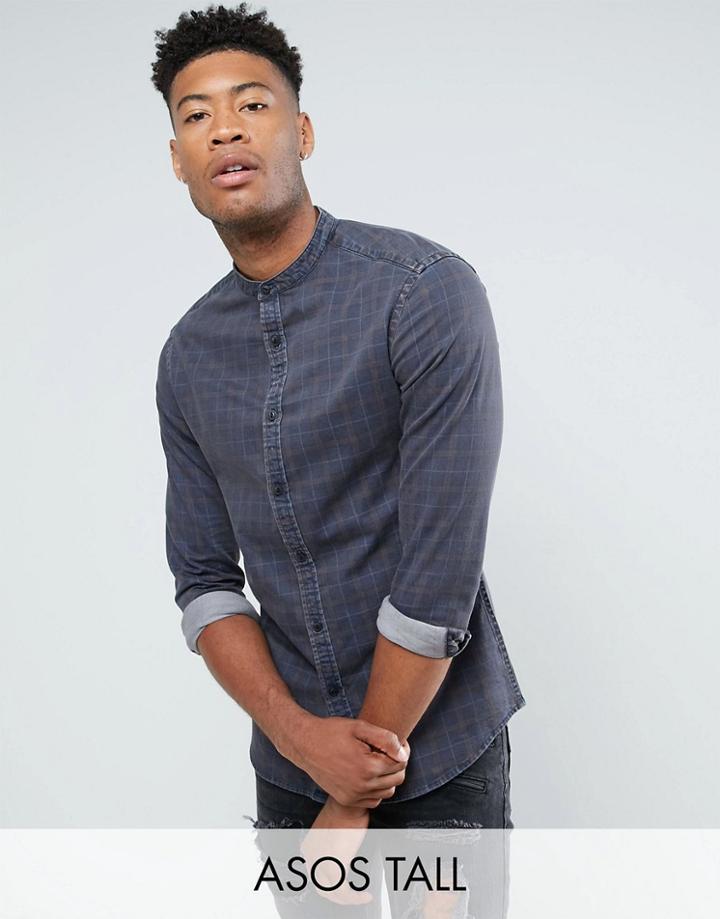 Asos Tall Skinny Denim Check Shirt With Grandad Collar - Navy