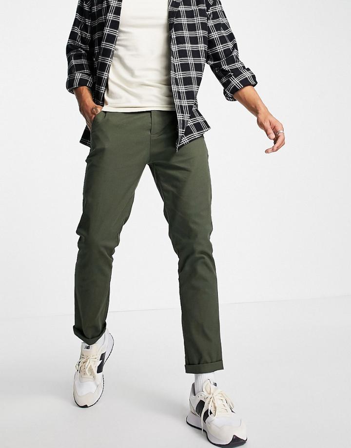 Asos Design Slim Chinos In Dark Khaki-green