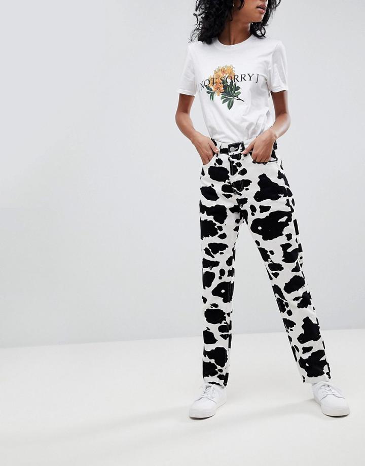 Asos Original Mom Jeans In Mono Cow Print - Multi