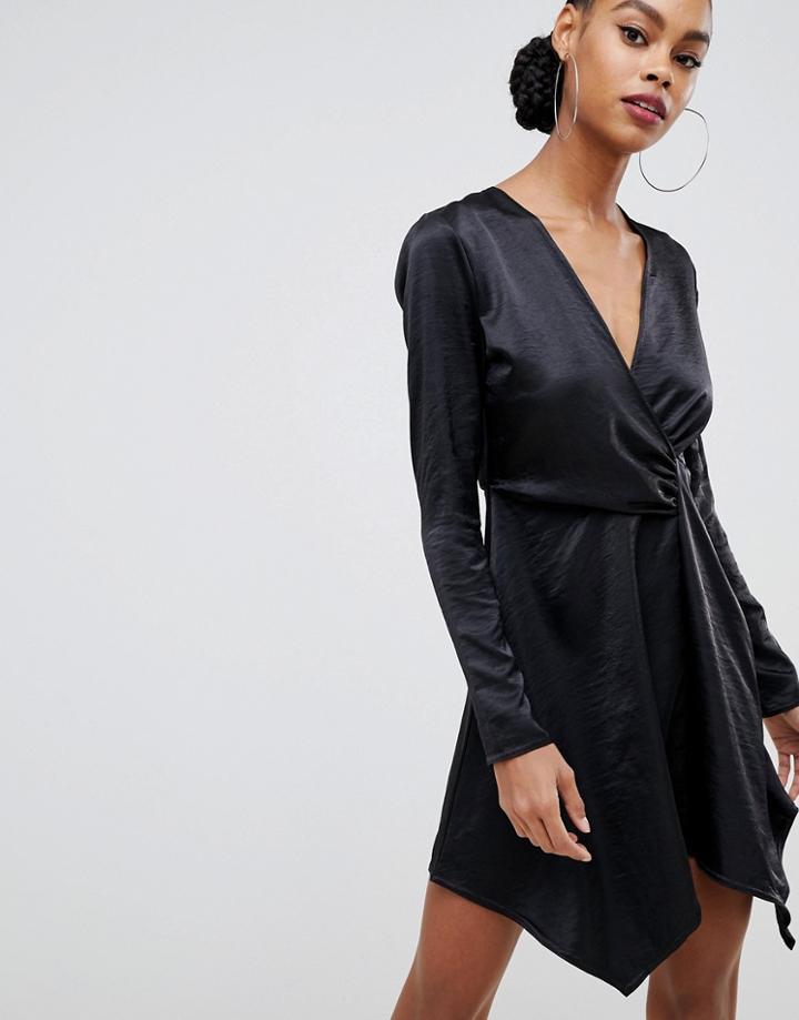 Boohoo Satin Wrap Front Midi Dress In Black - Blue