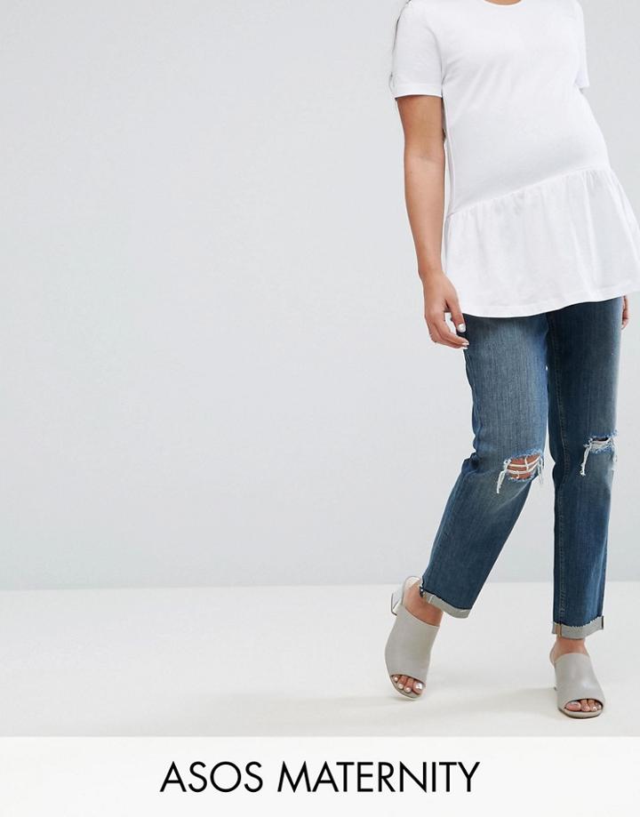 Asos Maternity Kimmi Shrunken Boyfriend Jeans In Misty Wash With Busts And Rips With Over The Bump Waistband - Blue