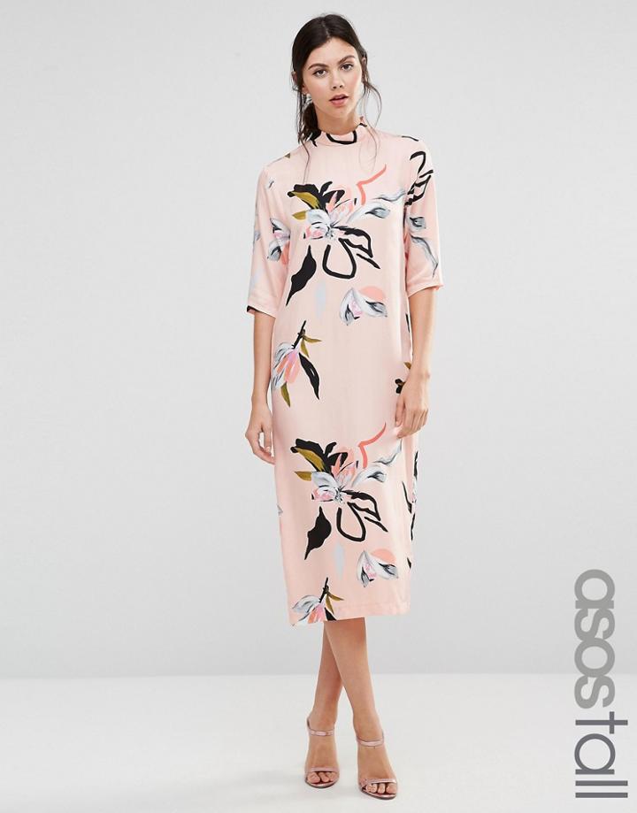 Asos Tall Contemporary Floral Print High Neck Midi Dress - Multi