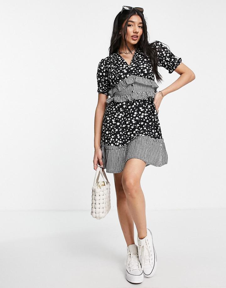 Influence Frill Detail Mini Dress In Mixed Floral Print-multi