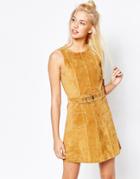 Monki Real Leather Suede Skater Dress - Brown