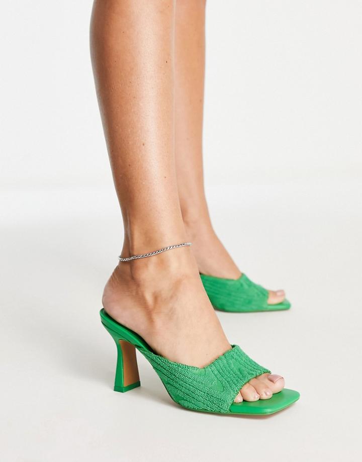 Bershka Textured Detail Square Toe Heeled Sandal In Bright Green