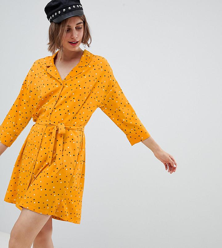 Monki Polka Dot Mini Shirt Dress In Yellow-orange