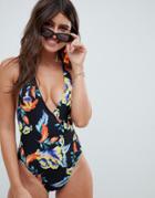 Asos Design Recycled Cross Back Plunge Swimsuit In Wild Tropical Print-multi