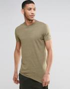 Asos Super Longline T-shirt With Asymmetric Hem In Linen Look Green - Green