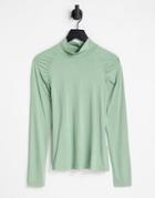 Aligne High Neck Top With Ruched Shoulder In Green