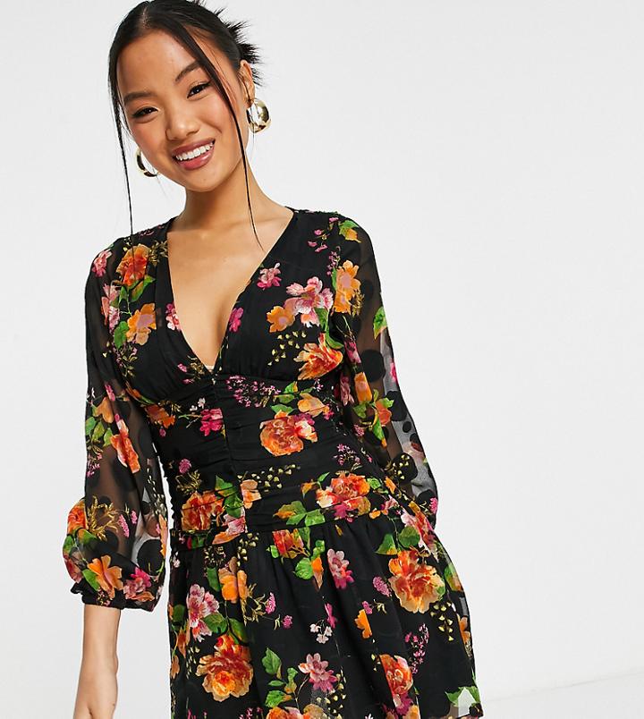 Asos Design Petite Long Sleeve Ruched Front Skater Mini Dress In Floral Print Jacquard-multi
