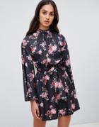 Parisian High Neck Floral And Polka Dot Dress With Tie Waist-multi