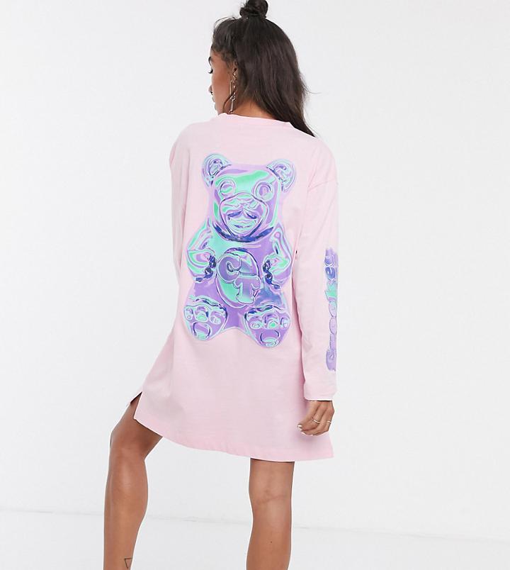 Crooked Tongues Long Sleeve T-shirt Dress With Bear Print-pink