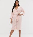Asos Design Curve Button Through Tie Wrap Around Midi Dress-pink