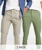 Asos Design 2 Pack Skinny Fit Chinos In Beige And Khaki Save-multi