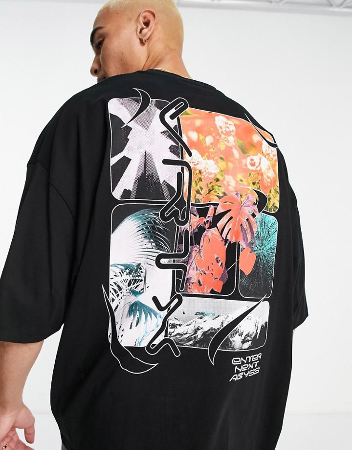 Asos Design Oversized T-shirt In Black With Photographic Floral Text Back Print