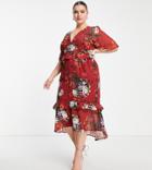 Hope & Ivy Plus Flutter Sleeve Midi Tea Dress In Mixed Floral-multi
