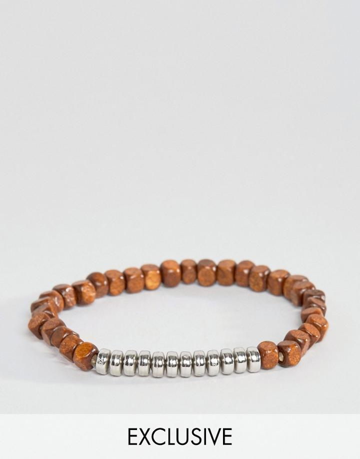 Reclaimed Vintage Wood & Silver Beaded Bracelet - Brown
