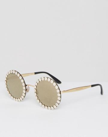 Dolce & Gabbana Over Sized Round Sunglasses With Daisy Detail - Gold