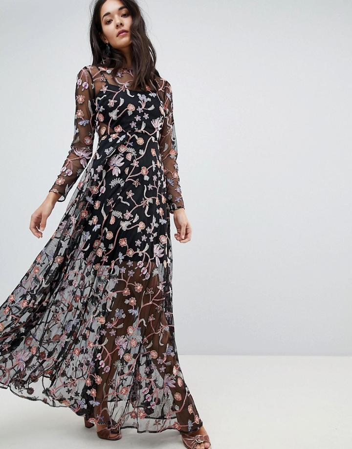 Asos Salon All Over Multi Colored Floral Embroidered Maxi Dress - Multi
