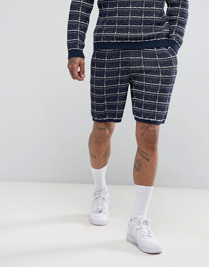 Asos Textured Check Shorts In Navy - Navy
