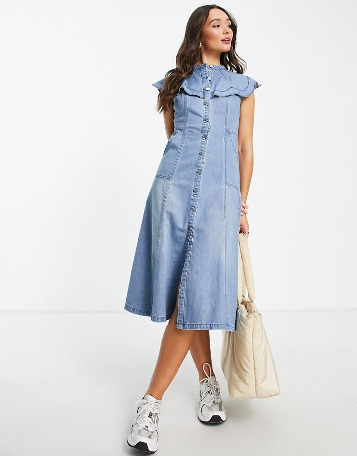 Lost Ink Denim Collar Detail Midi Shirt Dress In Mid Blue