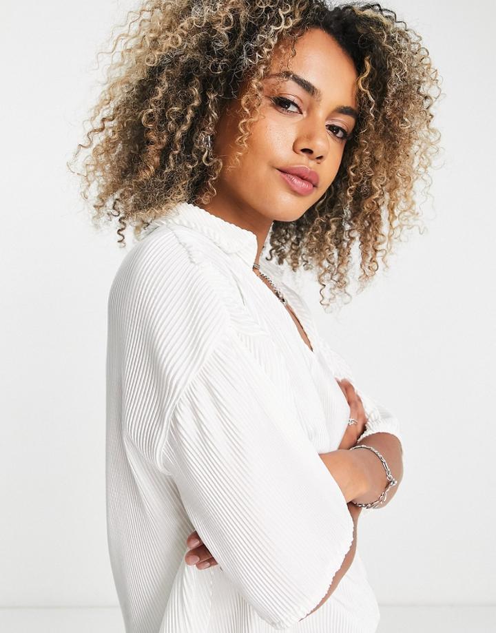Public Desire Plisse Oversized V Neck Shirt In White