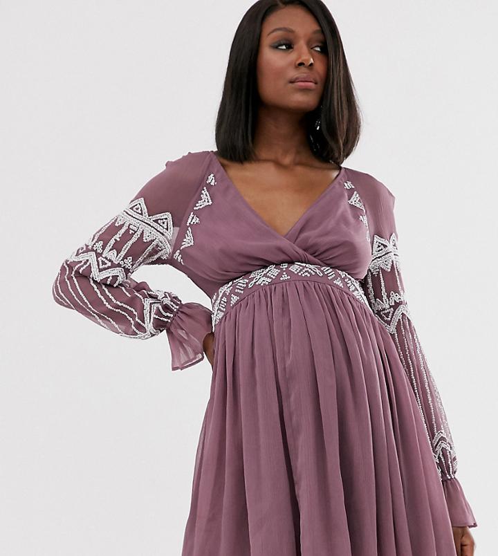 Asos Design Maternity Embellished Soft Mini Dress In Washed Chiffon - Multi
