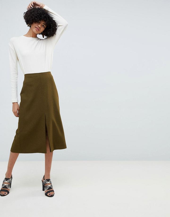 Asos Design Tailored Pleated Split Front Midi Skirt - Green