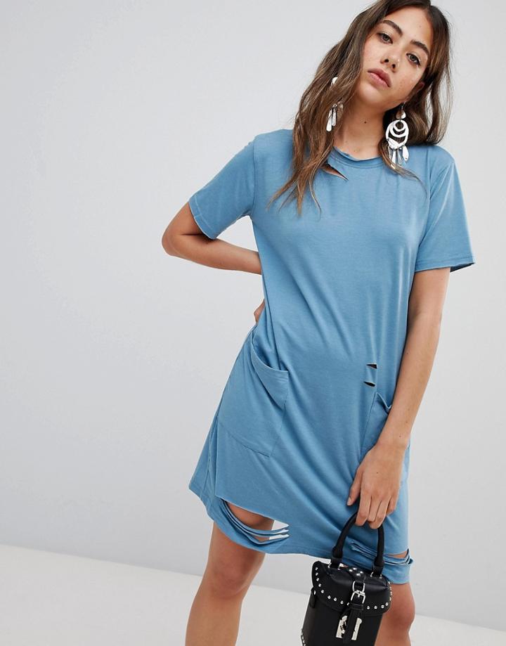 Missguided Distressed Pocket T-shirt Dress - Blue