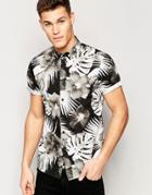Asos Floral Shirt In Monochrome With Short Sleeves In Regular Fit - Black