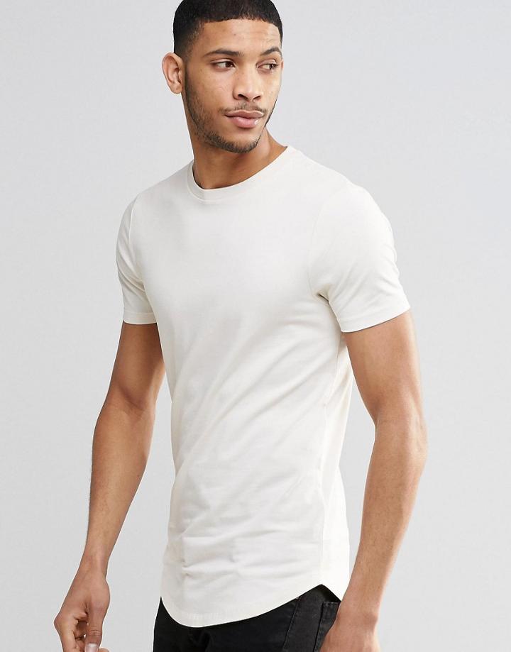 Asos Longline Muscle T-shirt With Curved Hem In Stone - White Cap Gray