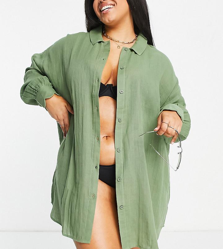 Asos Design Curve Scallop Edge Beach Shirt Dress In Khaki-green