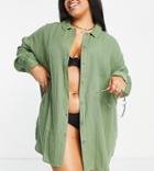 Asos Design Curve Scallop Edge Beach Shirt Dress In Khaki-green
