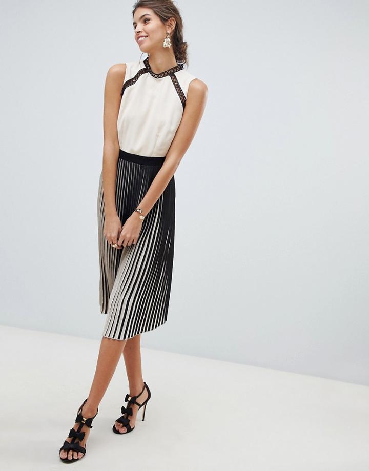 Little Mistress Two Tone Pleated Skirt And Crochet Inserts Mock Neck Midi Dress-beige