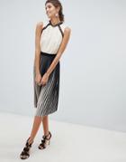 Little Mistress Two Tone Pleated Skirt And Crochet Inserts Mock Neck Midi Dress-beige