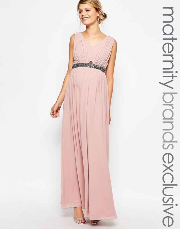 Little Mistress Maternity Plunge Front Maxi Dress With Embellished Waist - Pink