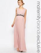 Little Mistress Maternity Plunge Front Maxi Dress With Embellished Waist - Pink