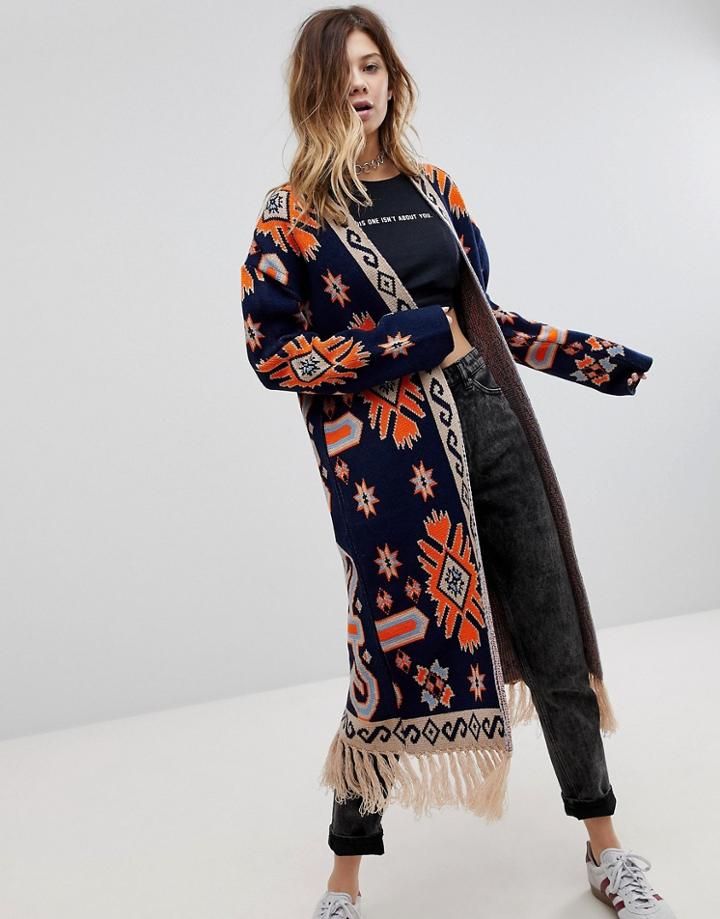 Rokoko Bohemian Tapestry Cardigan With Tassle Detail - Navy