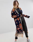 Rokoko Bohemian Tapestry Cardigan With Tassle Detail - Navy
