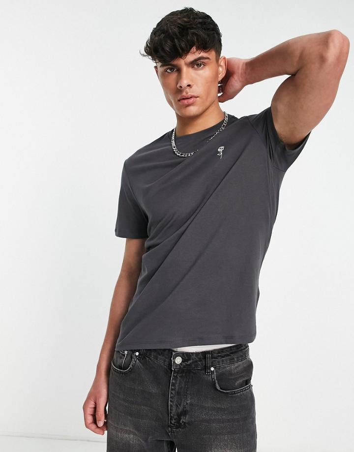 New Look T-shirt With Rose Embroidery In Dark Gray