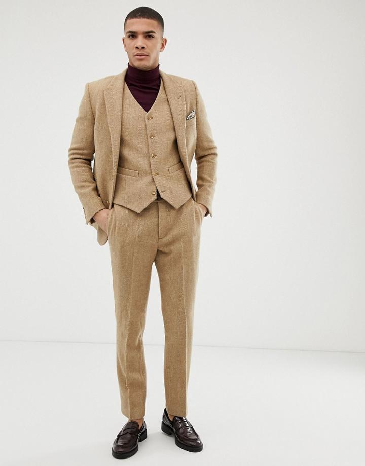 Asos Design Slim Suit Pants In 100% Wool Harris Tweed In Camel - Beige