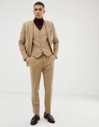 Asos Design Slim Suit Pants In 100% Wool Harris Tweed In Camel - Beige