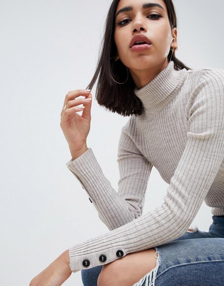 Asos Design Roll Neck Skinny Rib Sweater With Button Cuff-stone